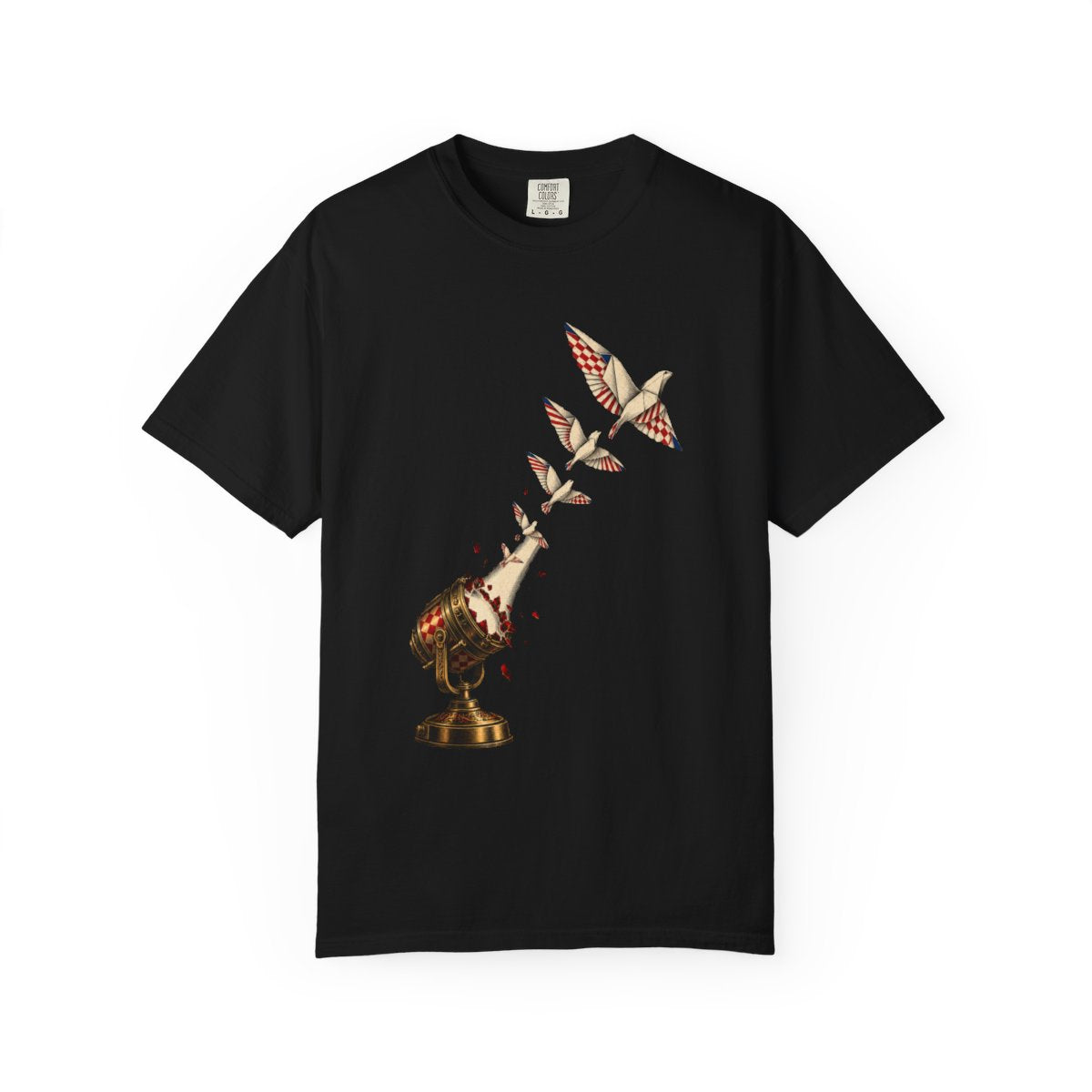 Spotlight Birds Tee large front print on a Black Comfort Colors 1717 tee