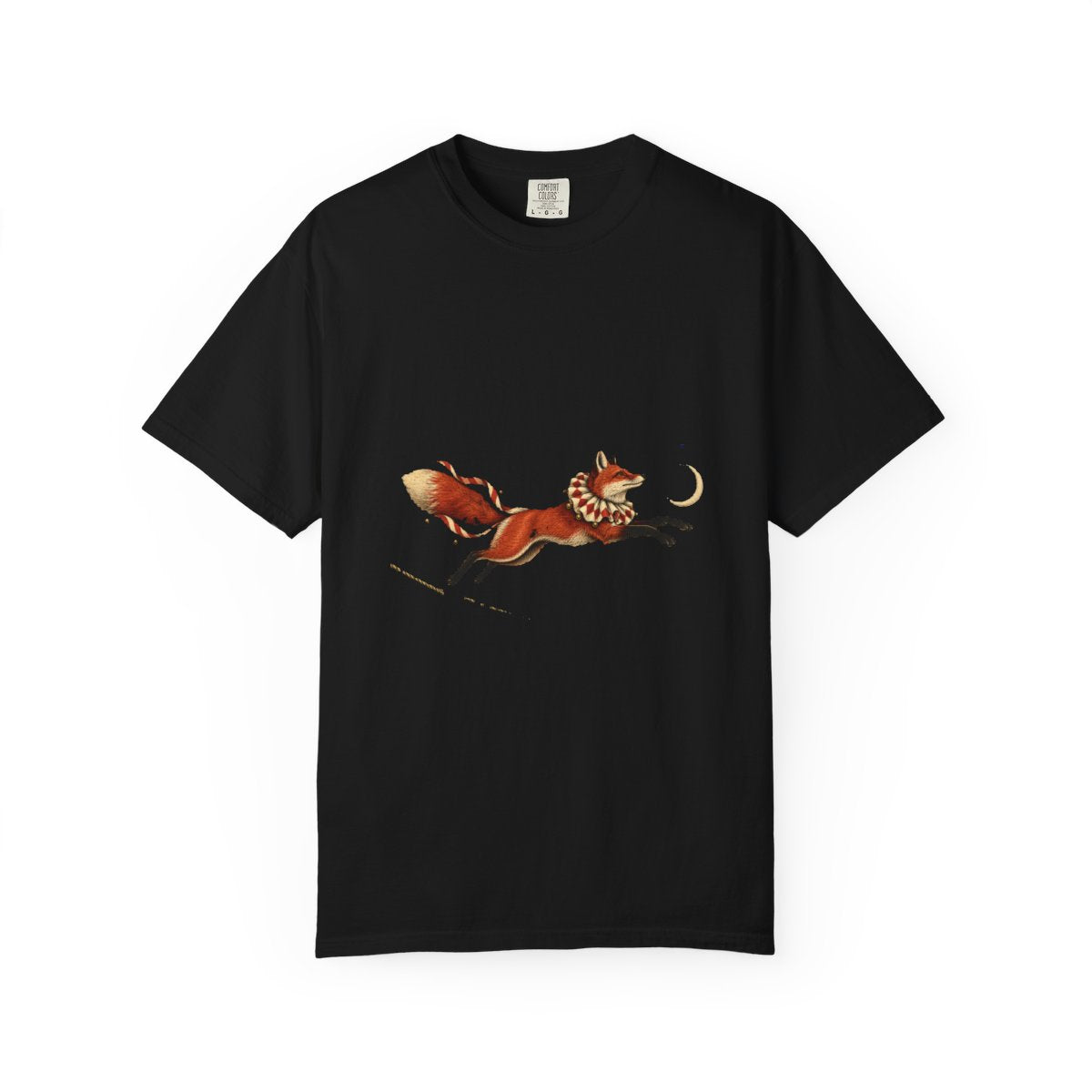Tightrope Fox Tee large front print on a Black Comfort Colors 1717 tee