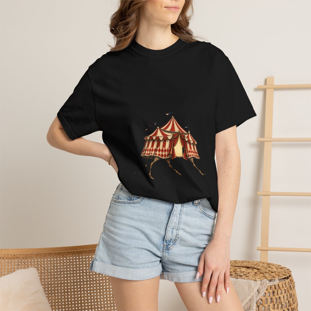 Walking Big Top Tee worn Printify context view on a Black Comfort Colors 1717 tee