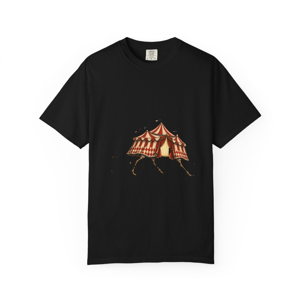 Walking Big Top Tee large front print on a Black Comfort Colors 1717 tee