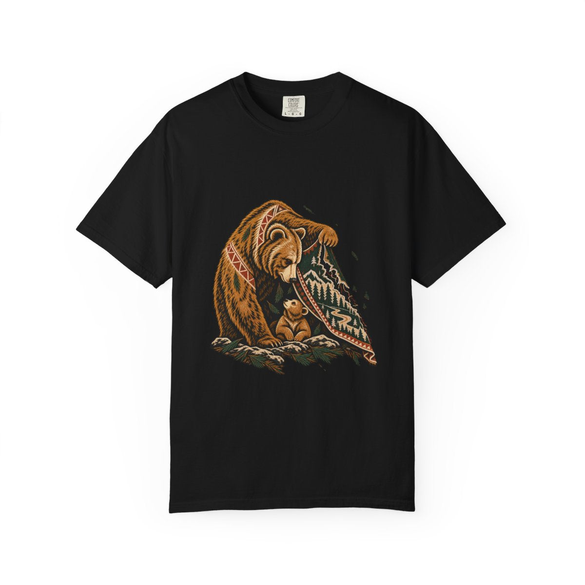 Bear Shelter Tee large front print on a Black Comfort Colors 1717 tee