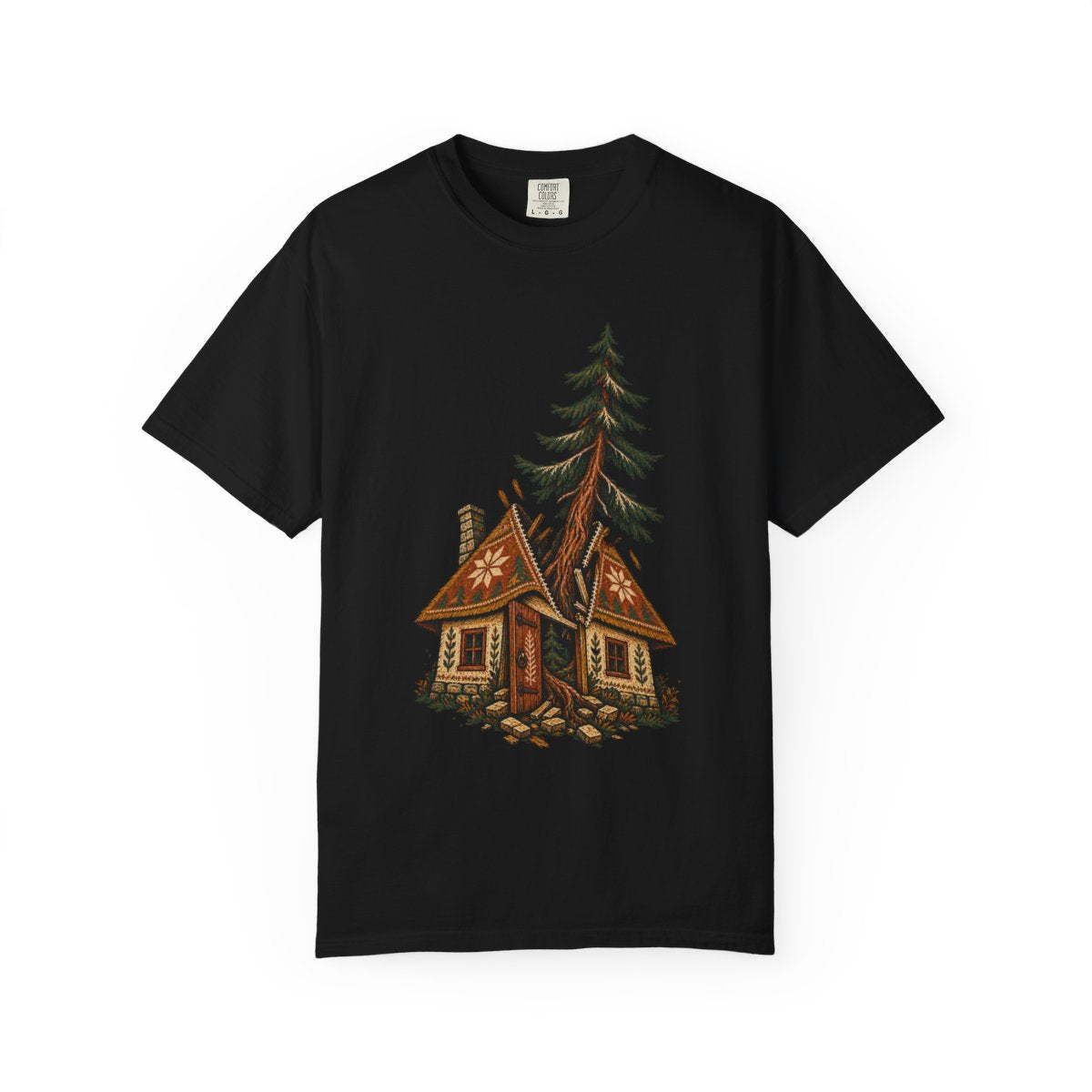 Cottage Unraveled Tee large front print on a Black Comfort Colors 1717 tee