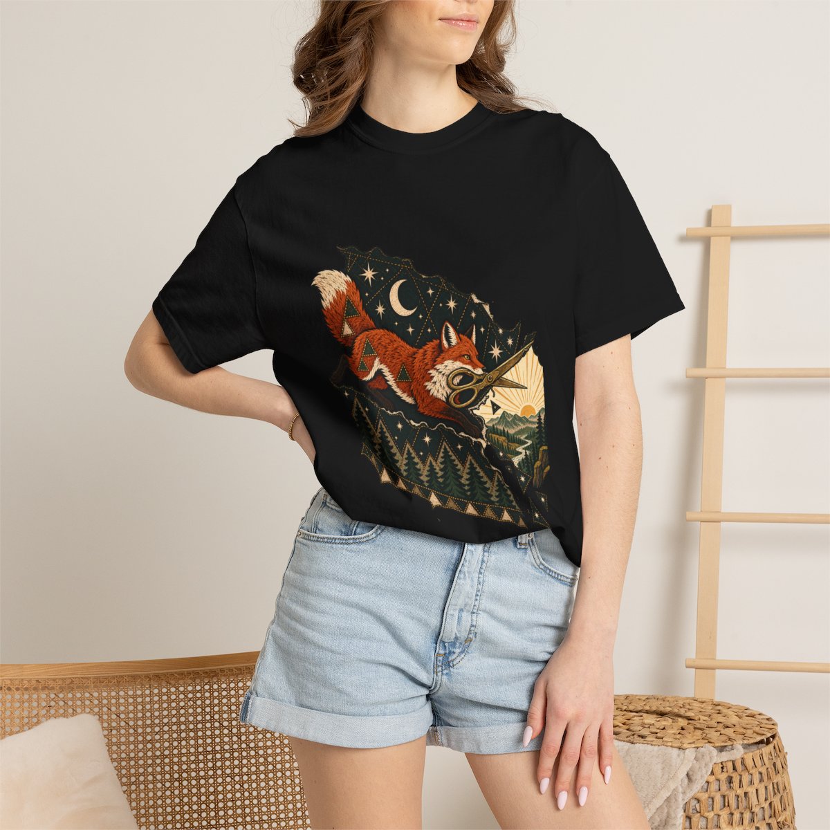 Fox with Shears Tee worn Printify context view on a Black Comfort Colors 1717 tee