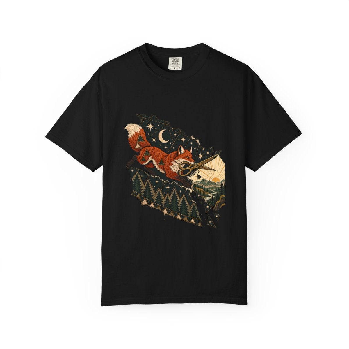 Fox with Shears Tee large front print on a Black Comfort Colors 1717 tee