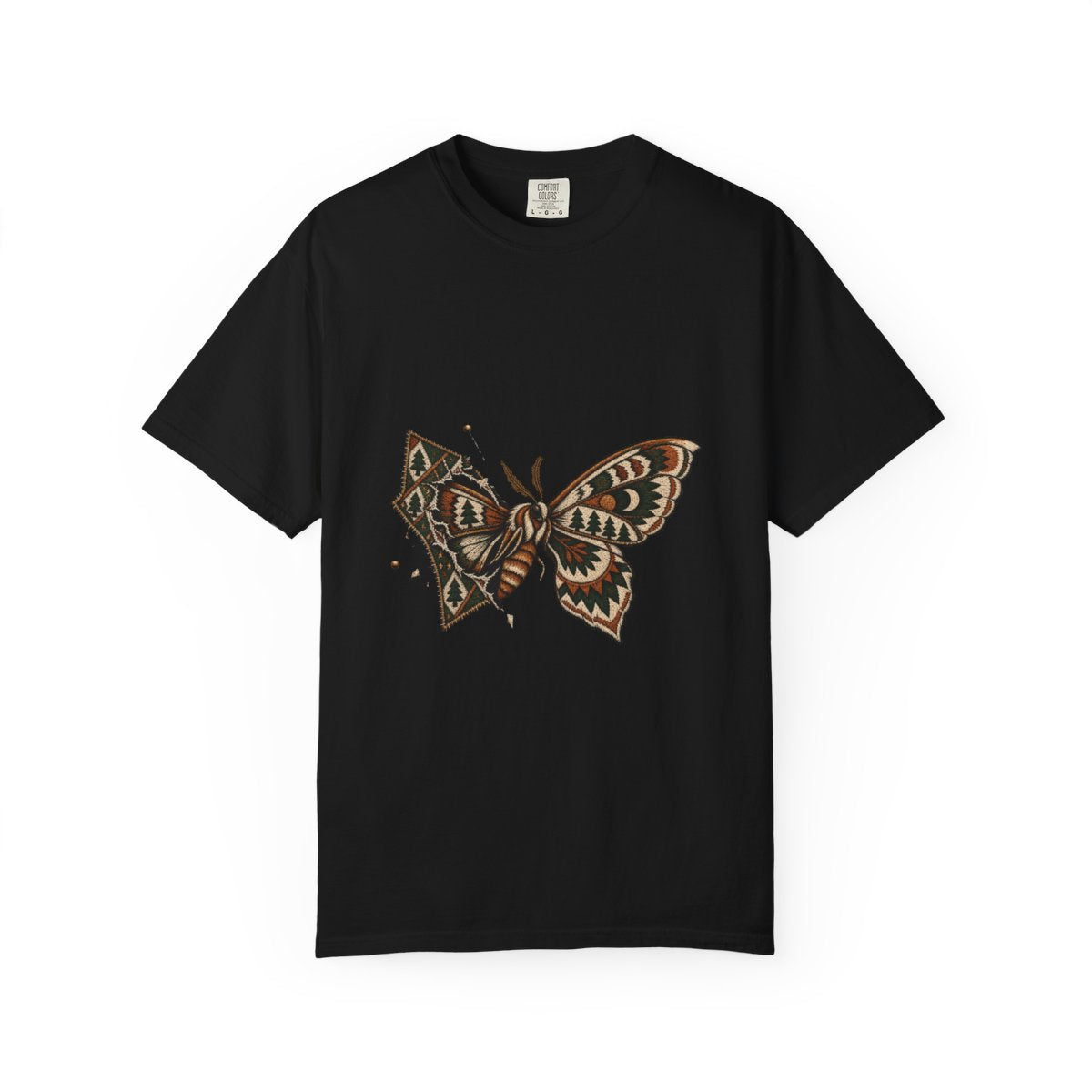 Moth Cuts Loose Tee large front print on a Black Comfort Colors 1717 tee