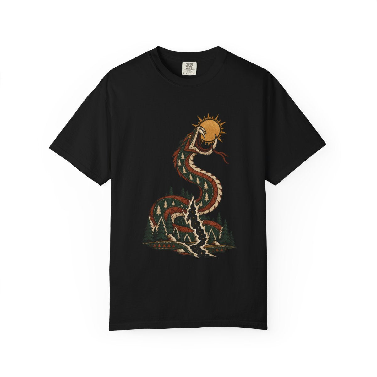 Sun Between Teeth Tee large front print on a Black Comfort Colors 1717 tee