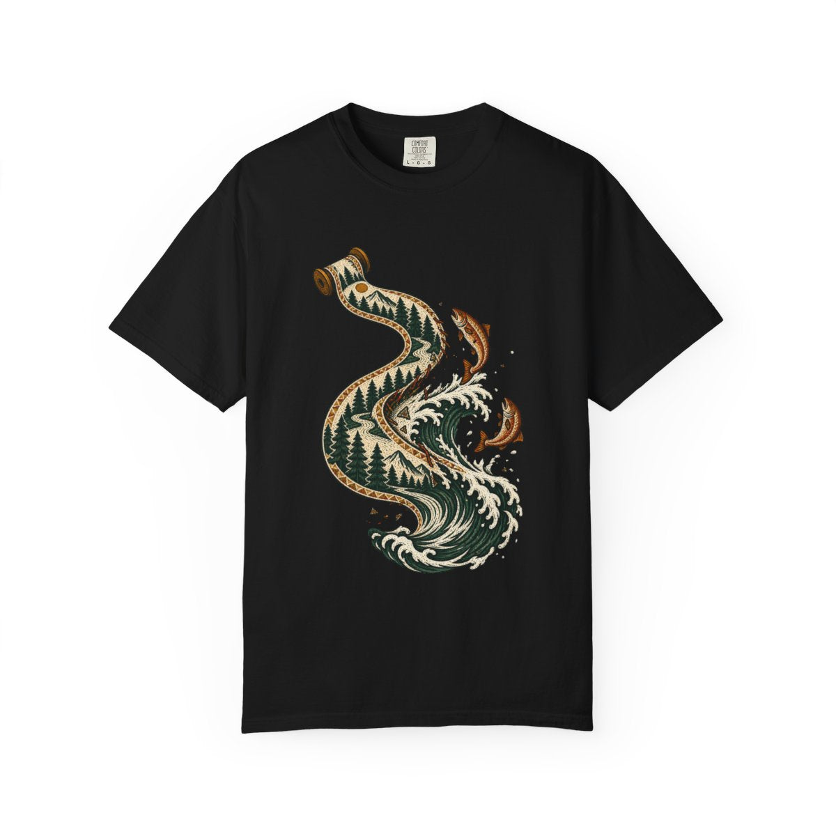 The River Unfolds Tee large front print on a Black Comfort Colors 1717 tee