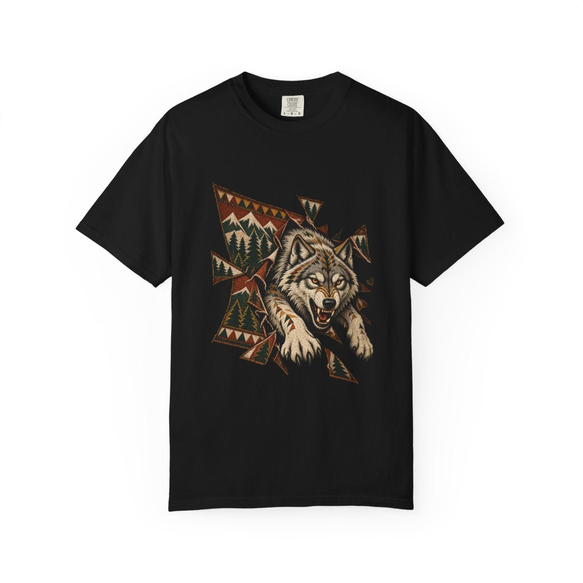 Wolf Through the Wall Tee large front print on a Black Comfort Colors 1717 tee