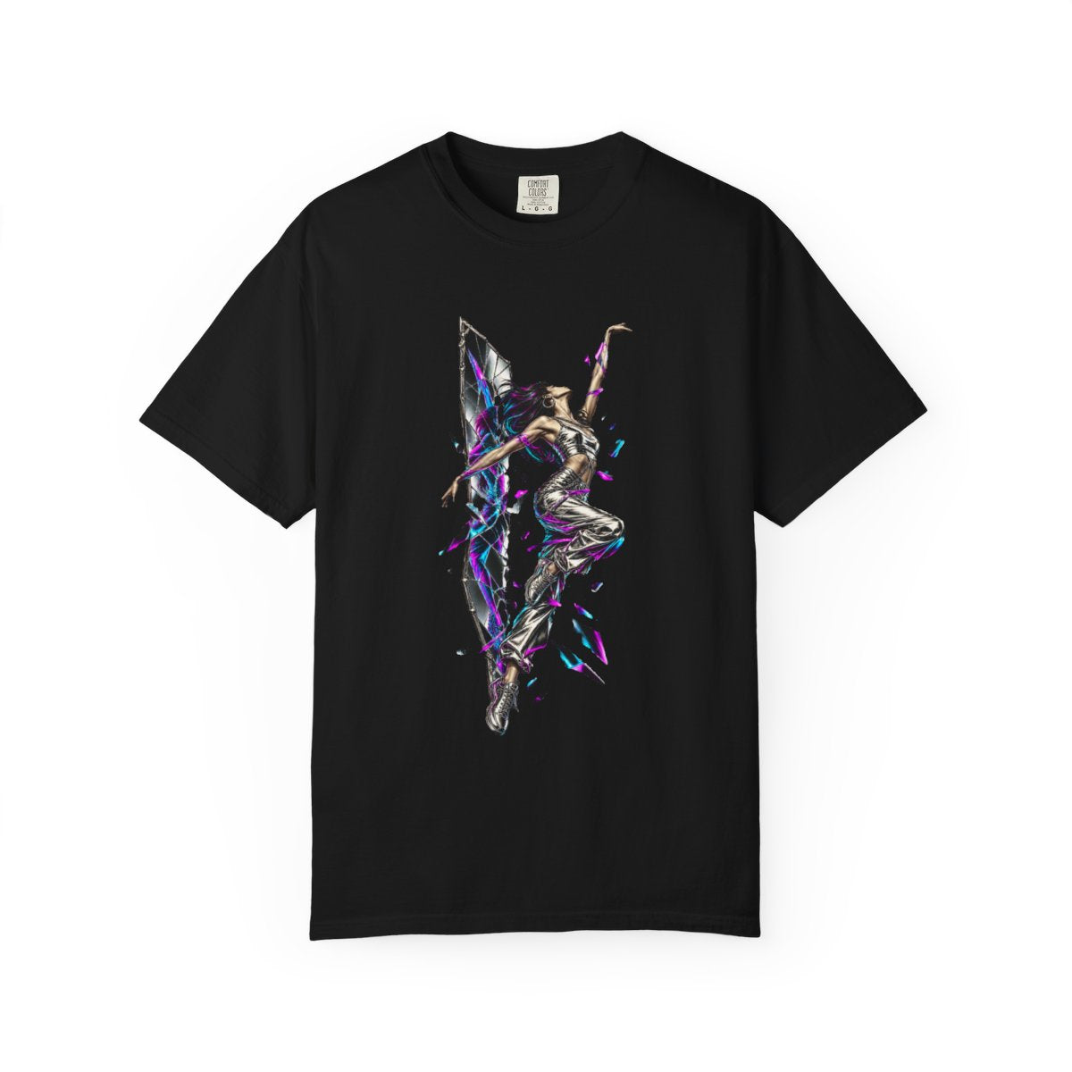 Glass Dancer Tee large front print on a Black Comfort Colors 1717 tee