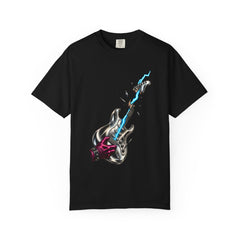 Lightning Guitar Tee large front print on a Black Comfort Colors 1717 tee