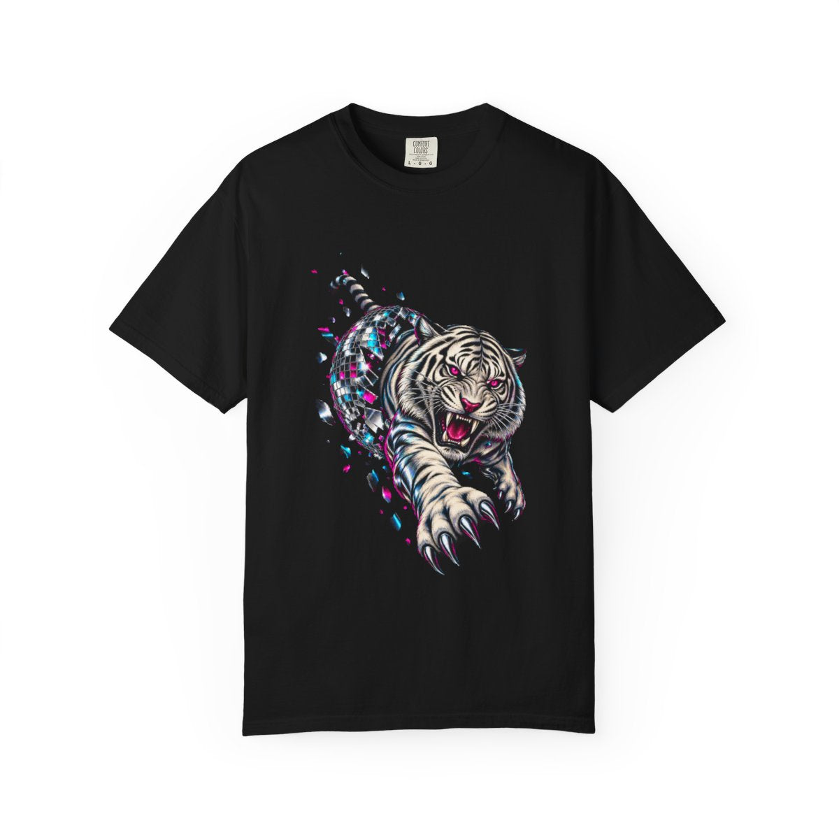 Mirrorball Tiger Tee large front print on a Black Comfort Colors 1717 tee