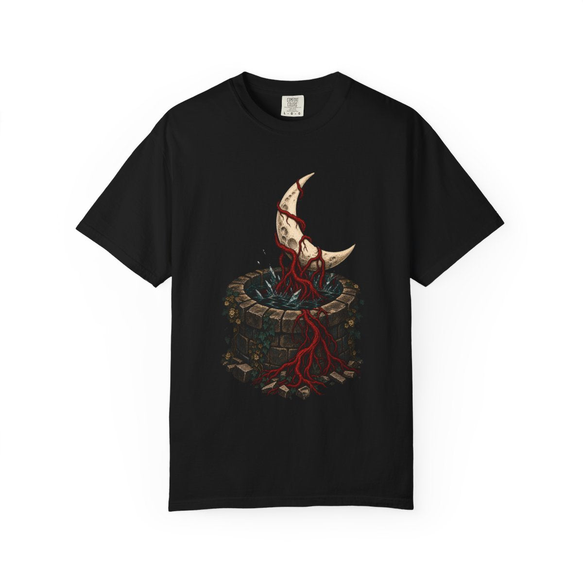 Moon Well Tee large front print on a Black Comfort Colors 1717 tee