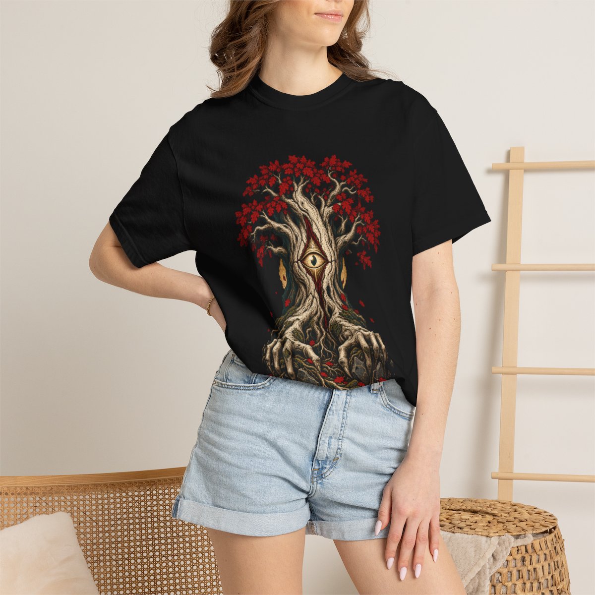 Waking Oak Tee worn Printify context view on a Black Comfort Colors 1717 tee
