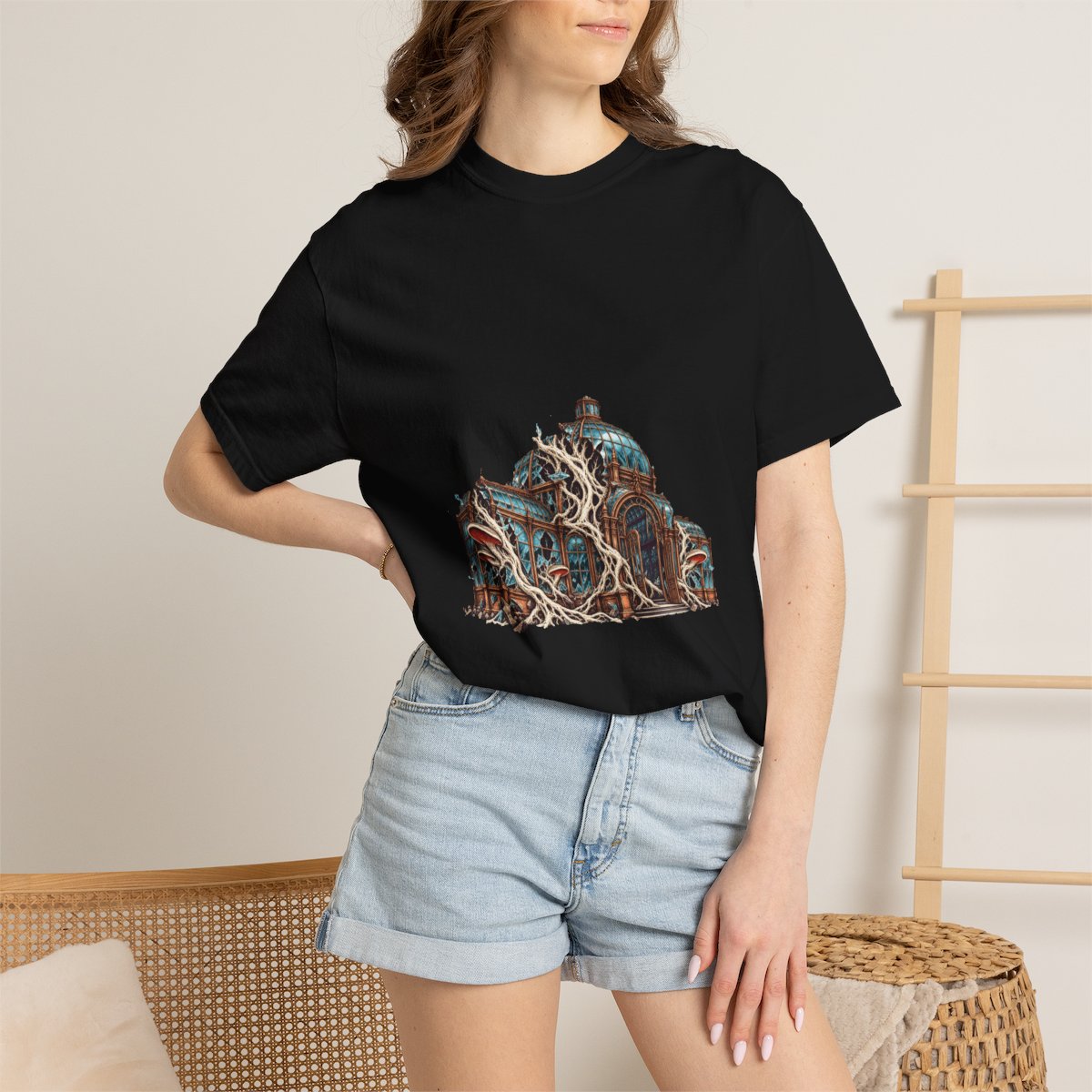Glasshouse Breakout Tee worn Printify context view on a Black Comfort Colors 1717 tee