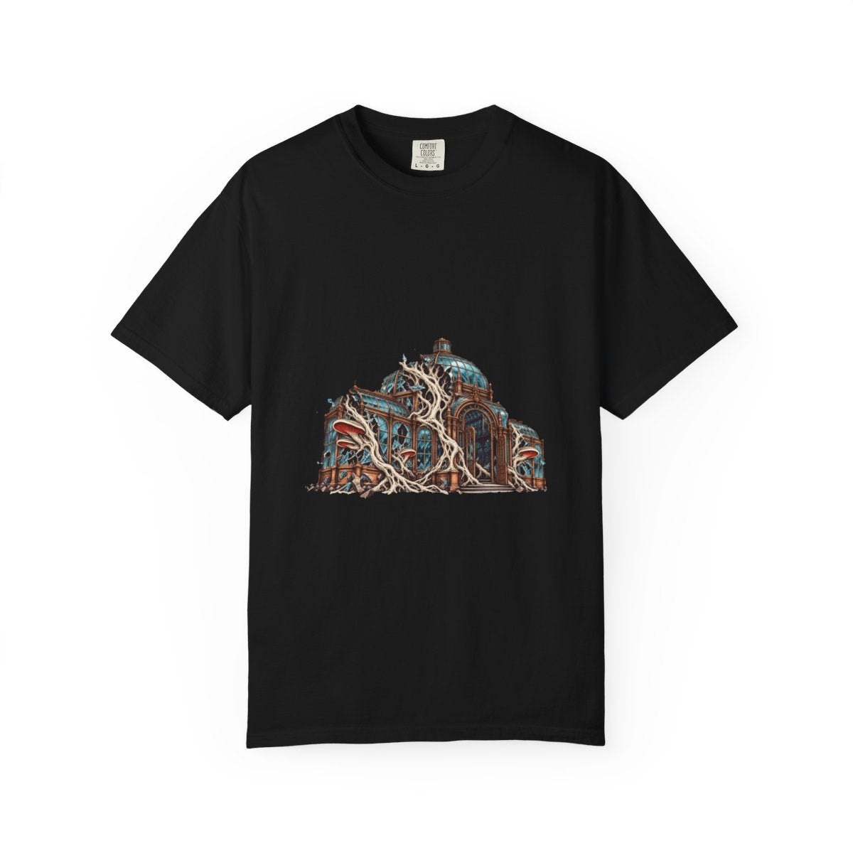 Glasshouse Breakout Tee large front print on a Black Comfort Colors 1717 tee