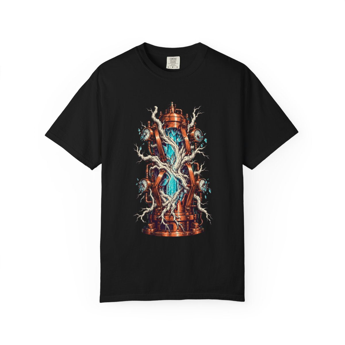 Root Reactor Tee large front print on a Black Comfort Colors 1717 tee