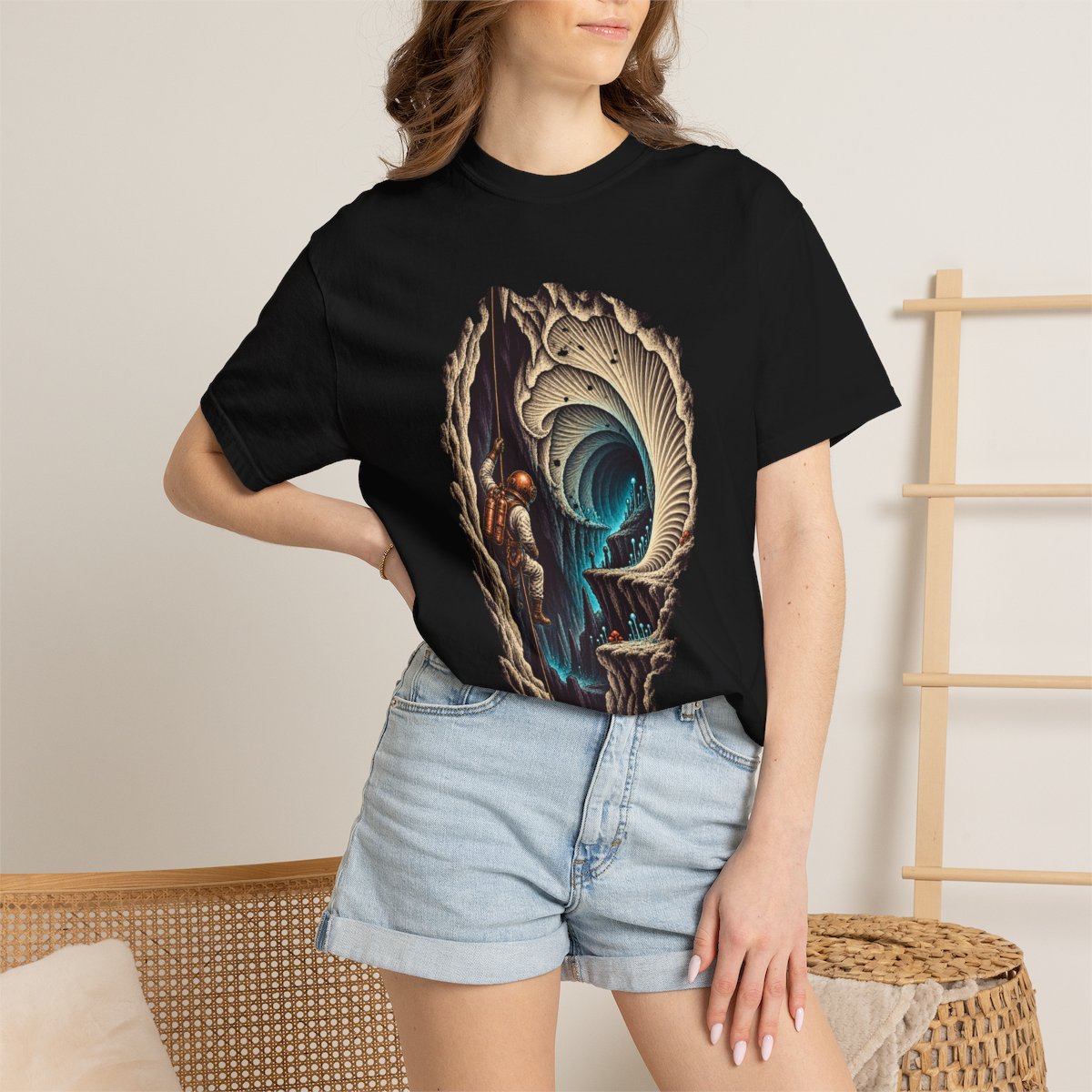 The Gill Chamber Tee worn Printify context view on a Black Comfort Colors 1717 tee