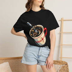 Coffee Goes Dark Tee worn Printify context view on a Black Comfort Colors 1717 tee