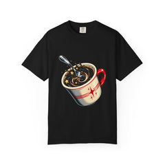 Coffee Goes Dark Tee large front print on a Black Comfort Colors 1717 tee