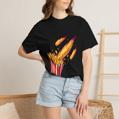 Fries from Space Tee worn Printify context view on a Black Comfort Colors 1717 tee