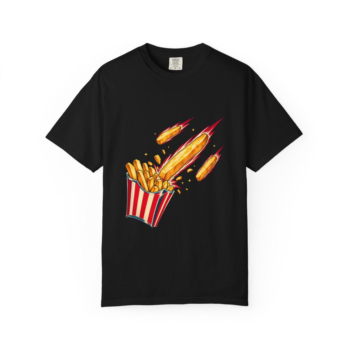 Fries from Space Tee large front print on a Black Comfort Colors 1717 tee