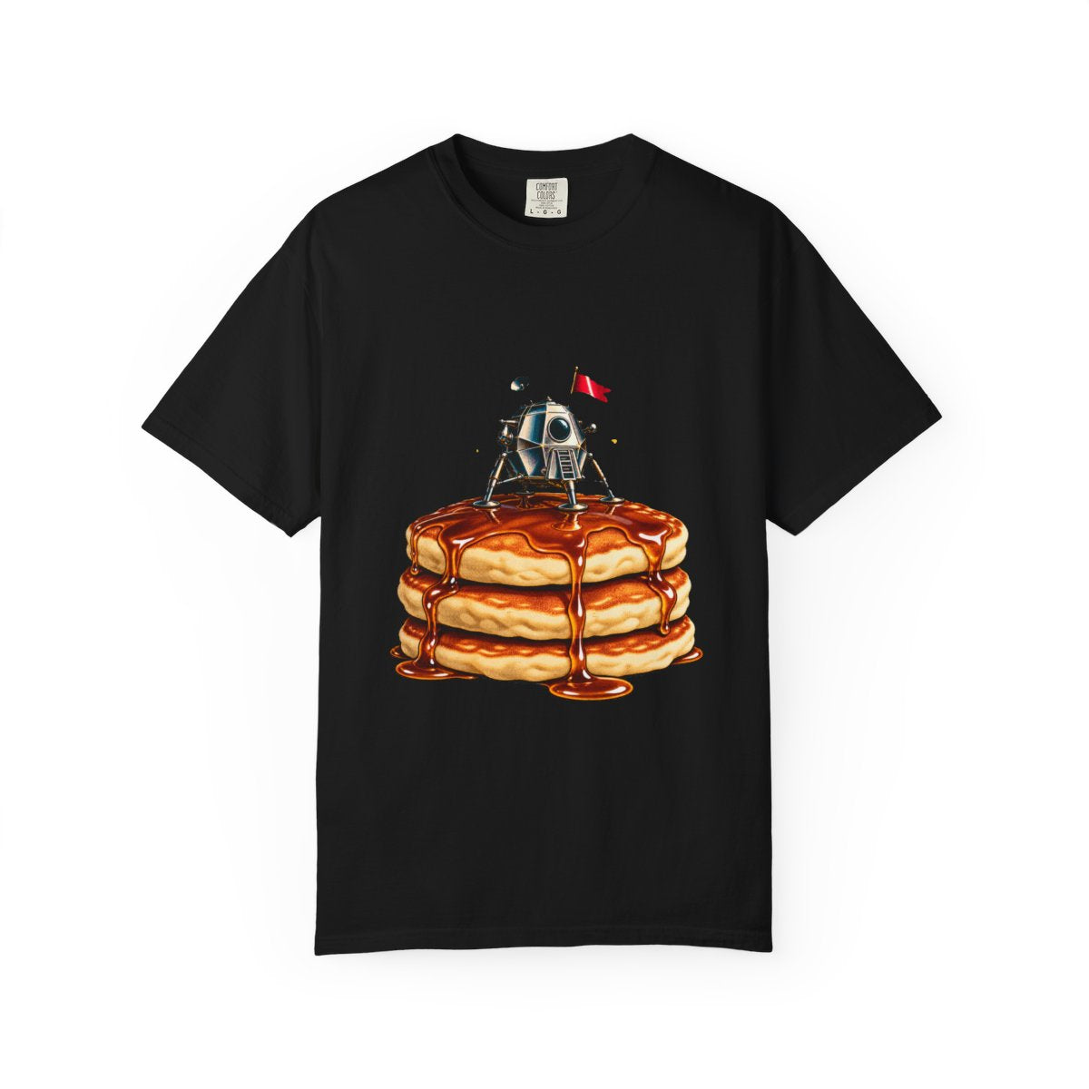 Pancake Landing Tee large front print on a Black Comfort Colors 1717 tee