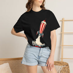 Rocket Shake Tee worn Printify context view on a Black Comfort Colors 1717 tee