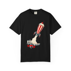 Rocket Shake Tee large front print on a Black Comfort Colors 1717 tee