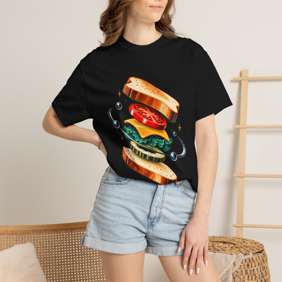 Satellite Sandwich Tee worn Printify context view on a Black Comfort Colors 1717 tee