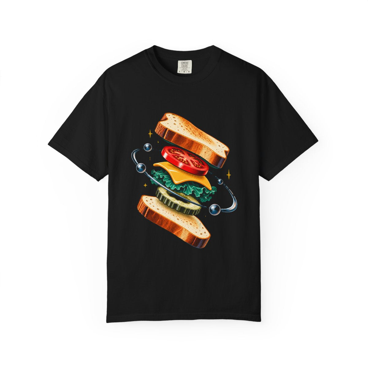 Satellite Sandwich Tee large front print on a Black Comfort Colors 1717 tee