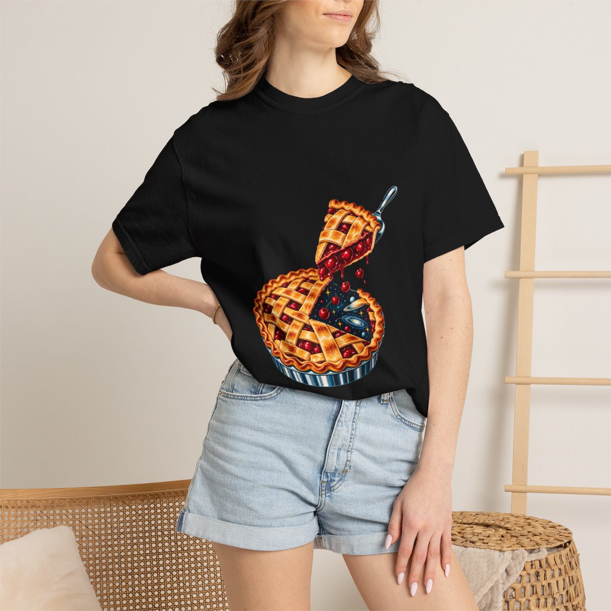Slice of Space Tee worn Printify context view on a Black Comfort Colors 1717 tee