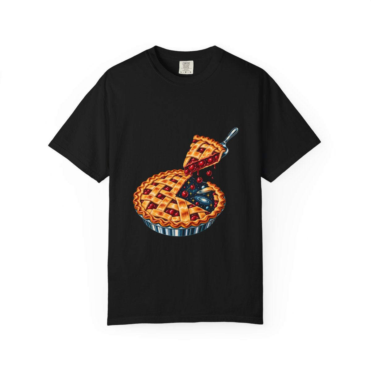 Slice of Space Tee large front print on a Black Comfort Colors 1717 tee