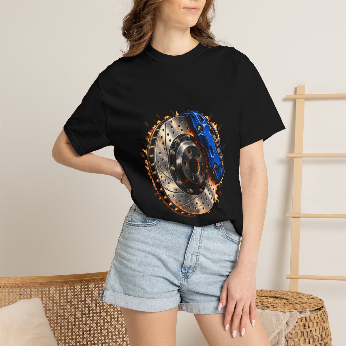 Rotor on Fire Tee worn Printify context view on a Black Comfort Colors 1717 tee