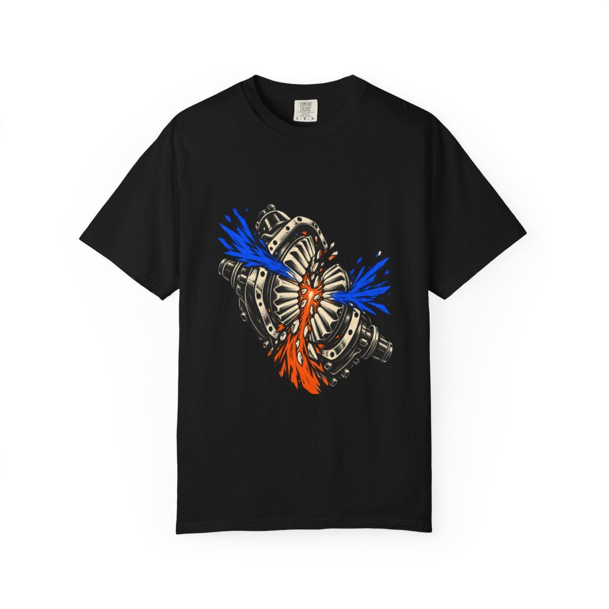 Split the Torque Tee large front print on a Black Comfort Colors 1717 tee