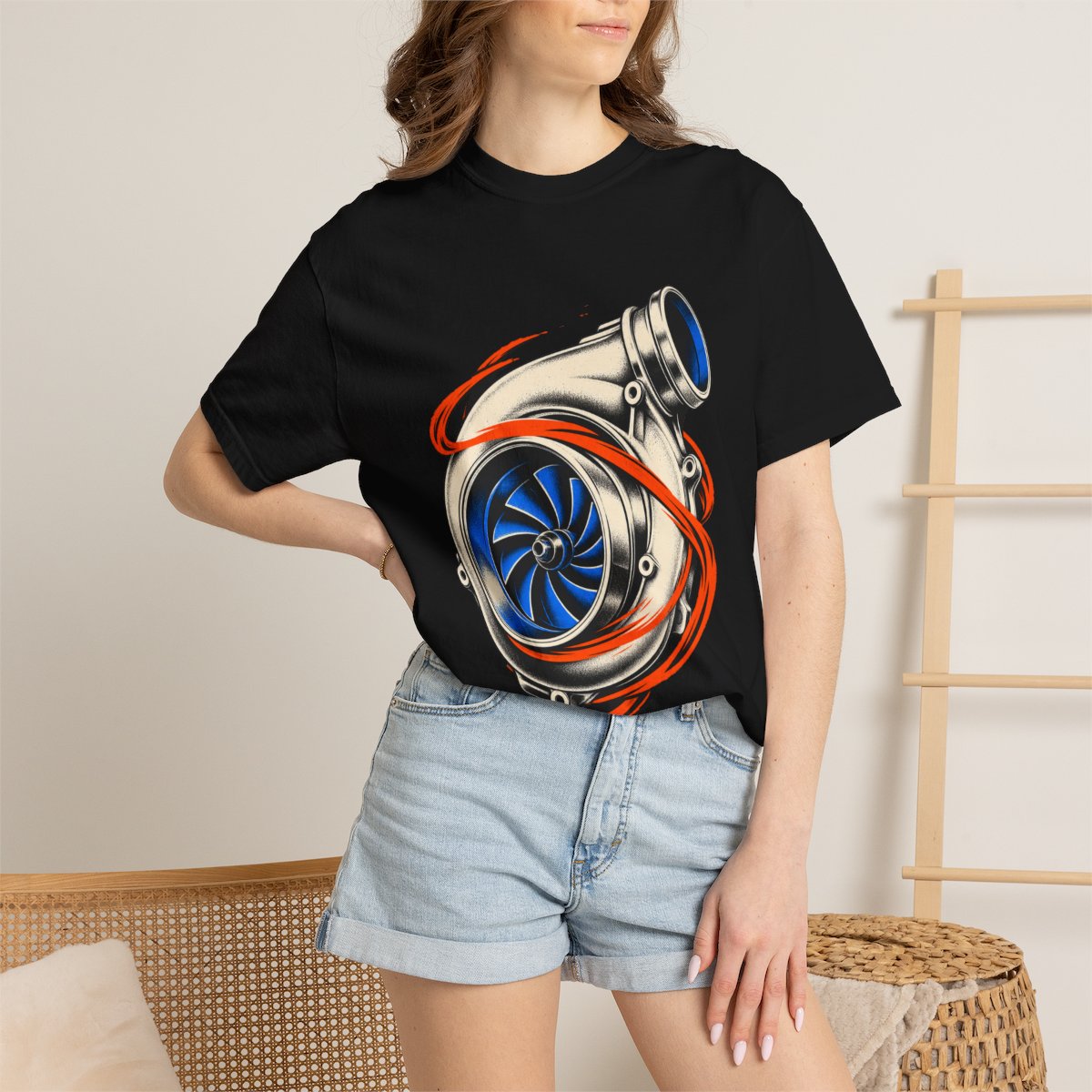 The Turbo Eye Tee worn Printify context view on a Black Comfort Colors 1717 tee