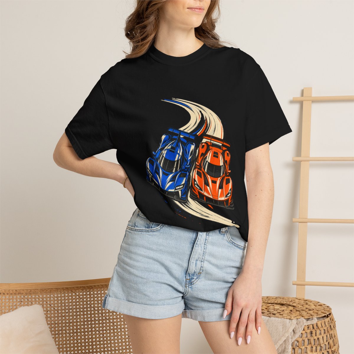 Two Wide Tee worn Printify context view on a Black Comfort Colors 1717 tee