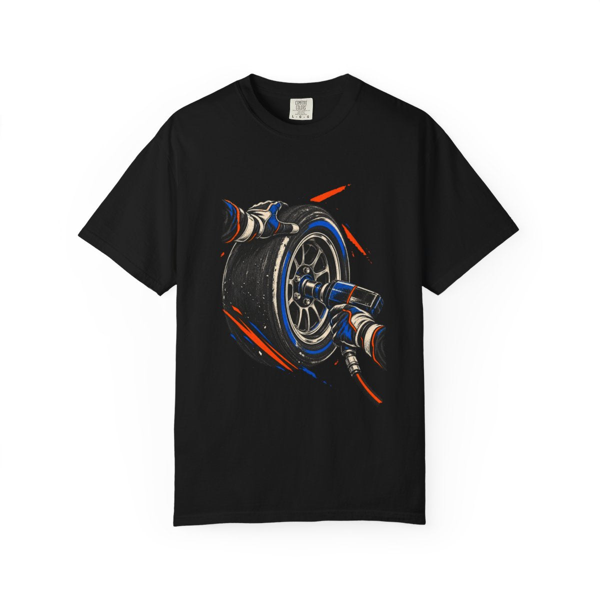 Wheel Swap Tee large front print on a Black Comfort Colors 1717 tee
