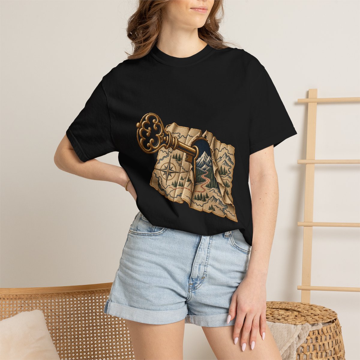 Key to Elsewhere Tee worn Printify context view on a Black Comfort Colors 1717 tee