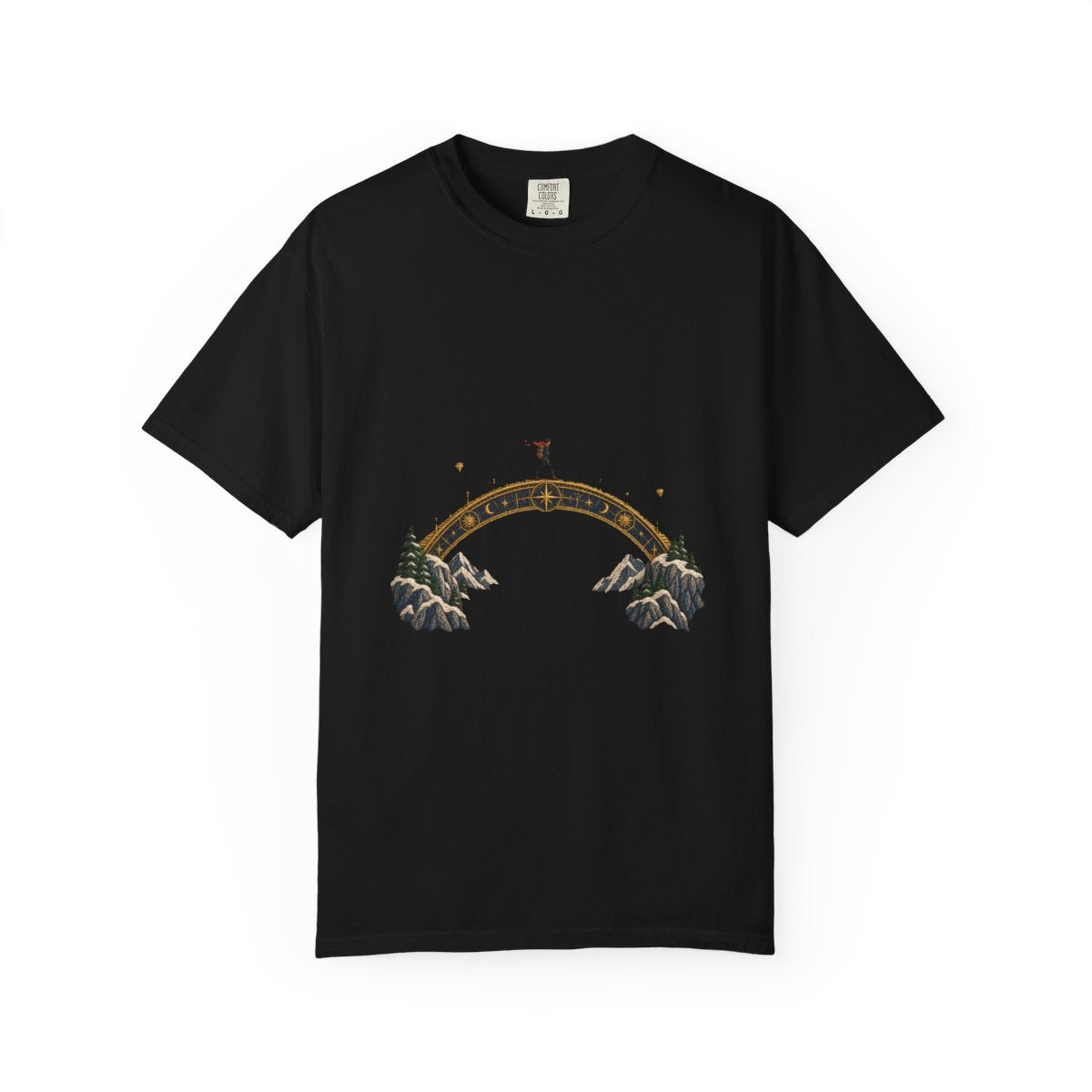 Meridian Crossing Tee large front print on a Black Comfort Colors 1717 tee