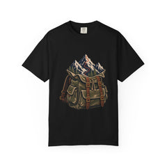 Mountain Pack Tee large front print on a Black Comfort Colors 1717 tee