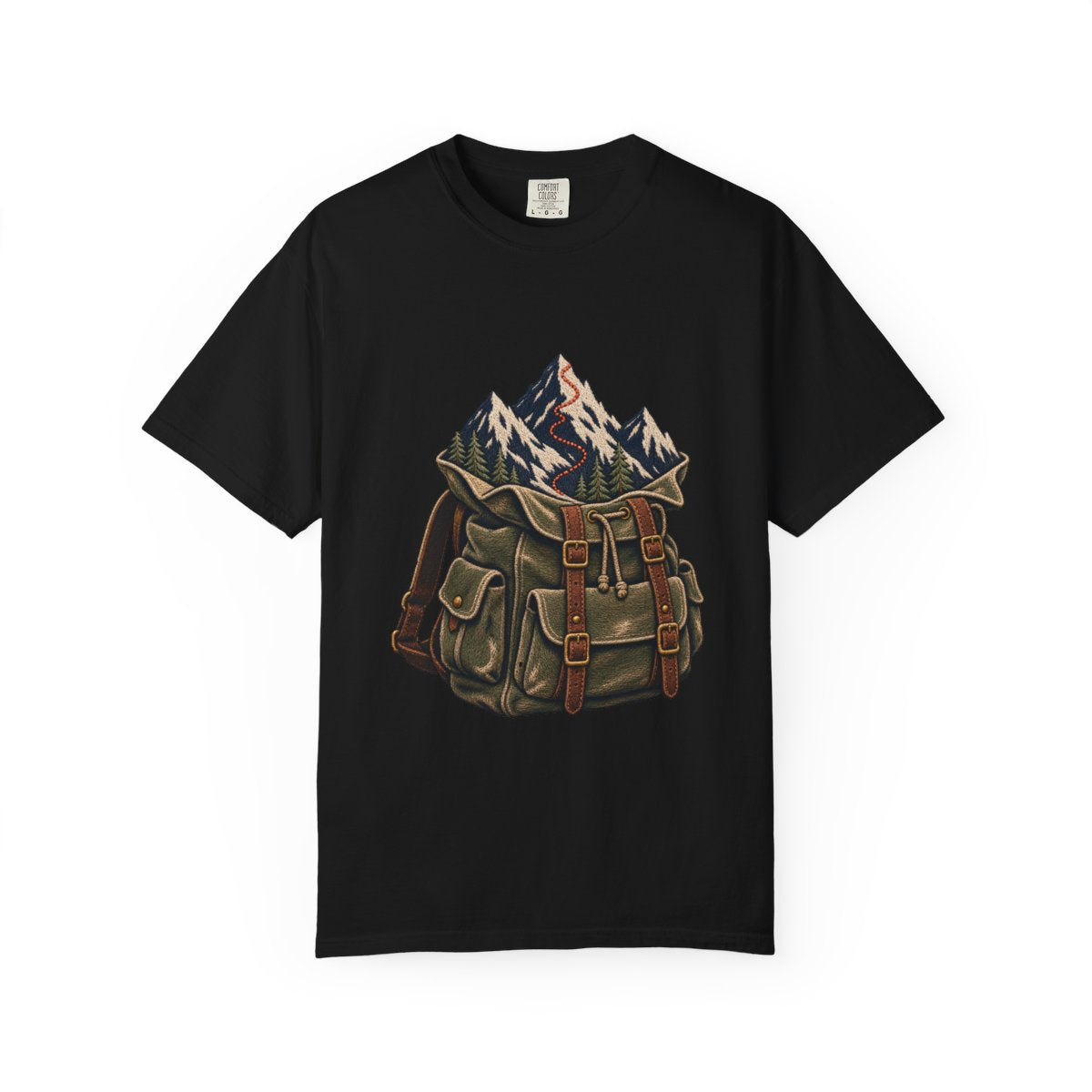 Mountain Pack Tee large front print on a Black Comfort Colors 1717 tee