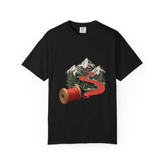 The Road Unwinds Tee large front print on a Black Comfort Colors 1717 tee