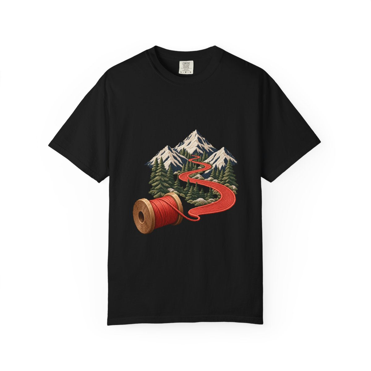 The Road Unwinds Tee large front print on a Black Comfort Colors 1717 tee