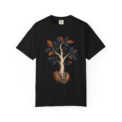 Acorn to Oak Tee large front print on a Black Comfort Colors 1717 tee