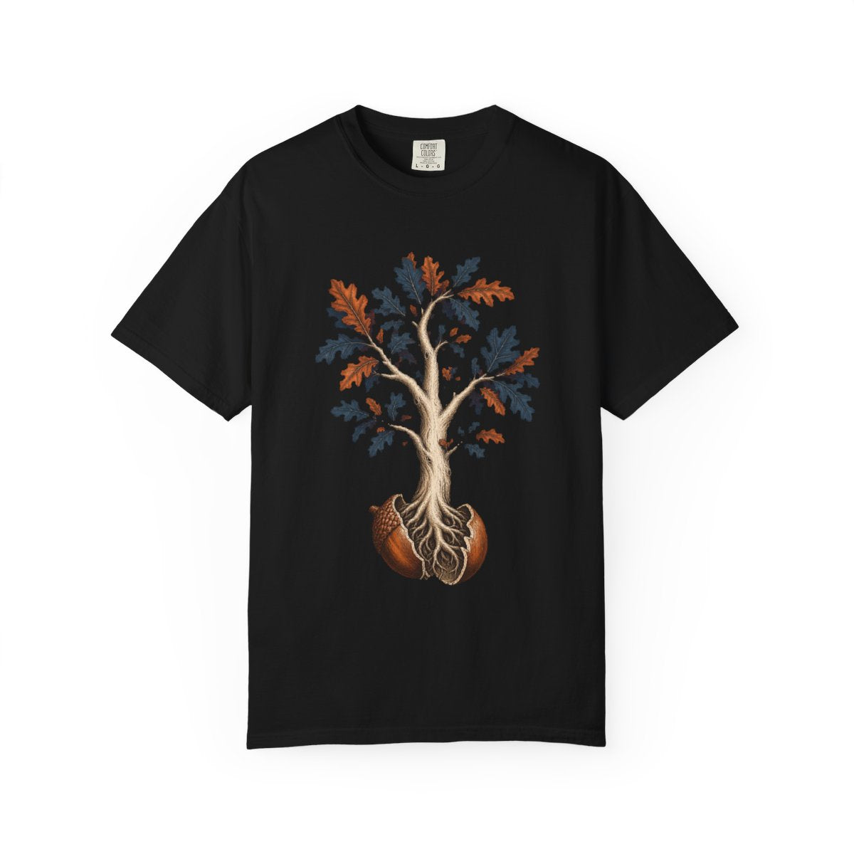 Acorn to Oak Tee large front print on a Black Comfort Colors 1717 tee