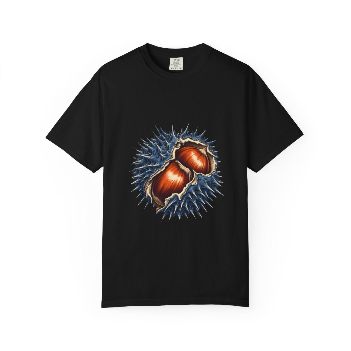 Chestnut Burst Tee large front print on a Black Comfort Colors 1717 tee