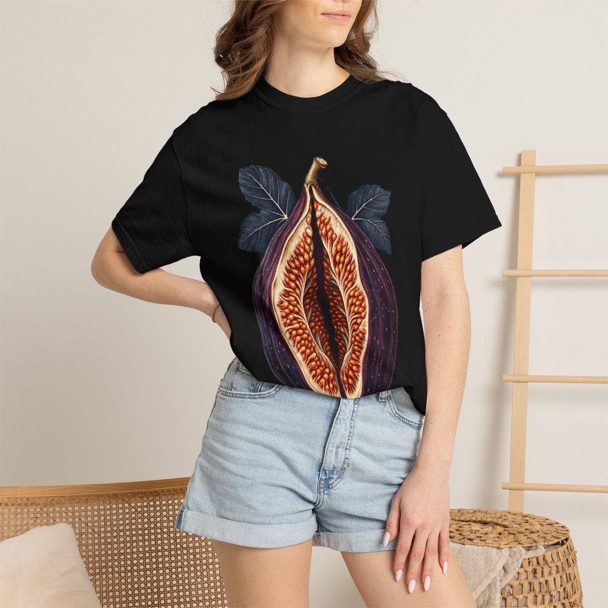 Fig Cathedral Tee worn Printify context view on a Black Comfort Colors 1717 tee