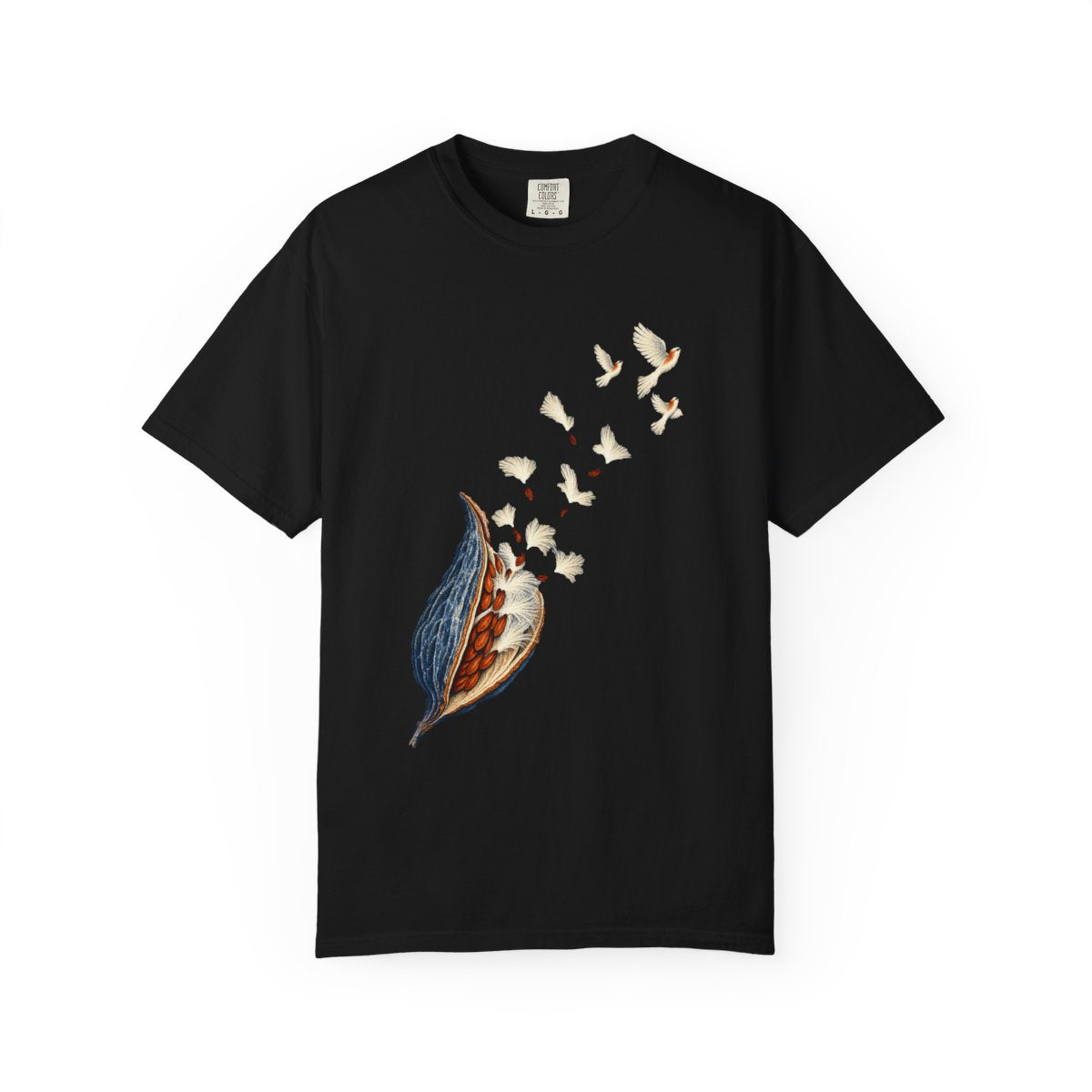 Milkweed Takes Flight Tee large front print on a Black Comfort Colors 1717 tee