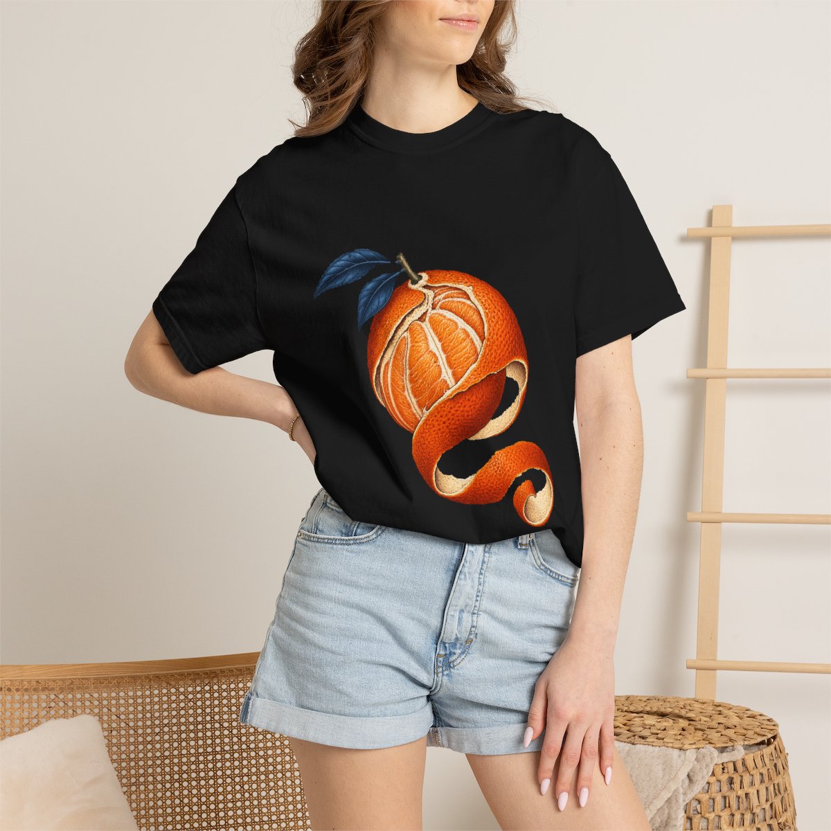 Orange Unwound Tee worn Printify context view on a Black Comfort Colors 1717 tee