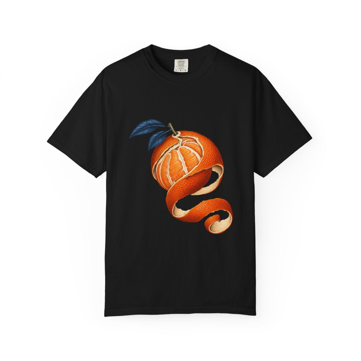 Orange Unwound Tee large front print on a Black Comfort Colors 1717 tee